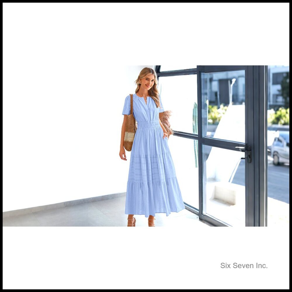 Lightweight Maxi Dress with Short Sleeves V Neck Elastic Waist Pockets - Picture 7 of 7